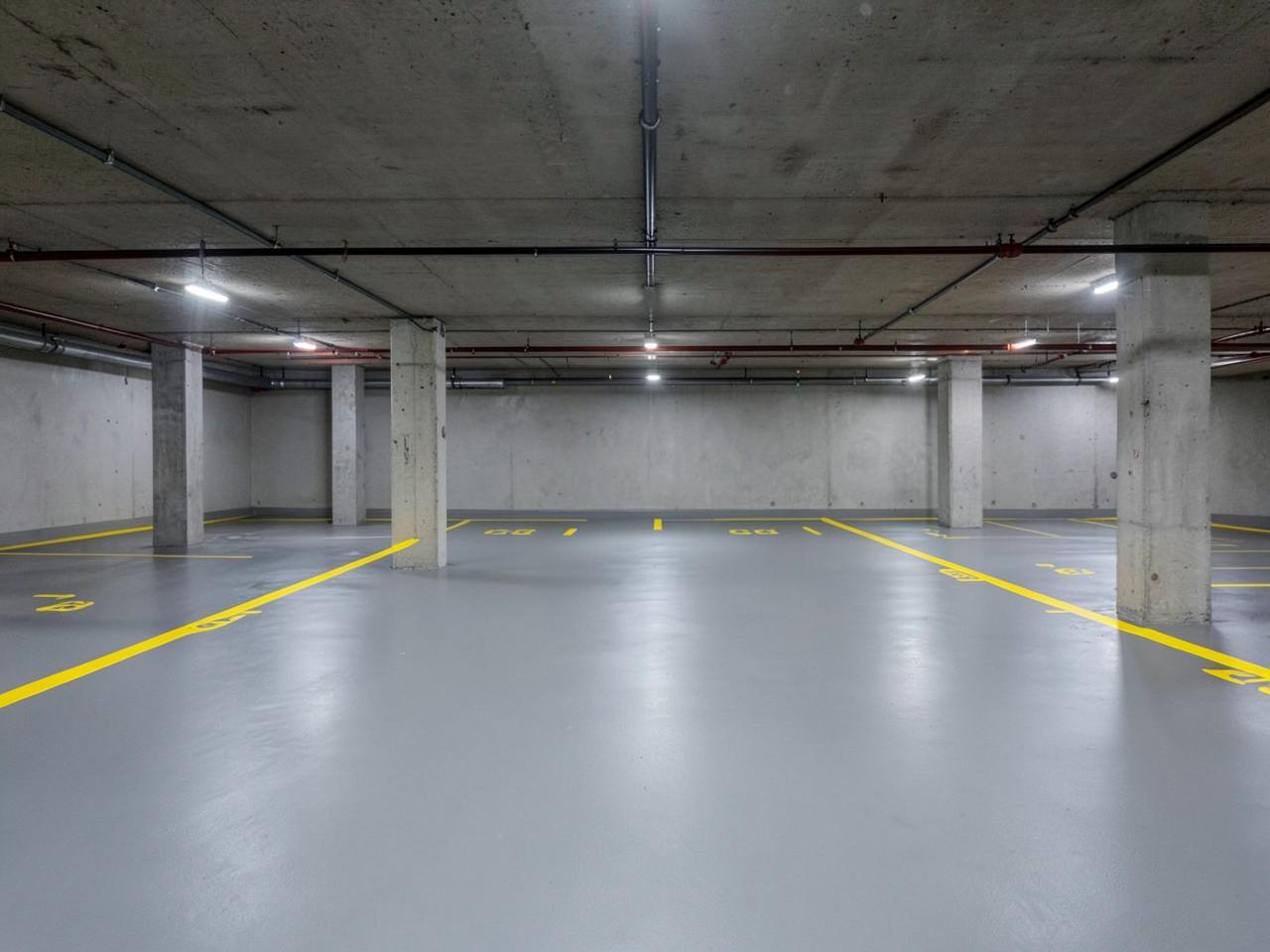 Tầng hầm đỗ xe với sàn phủ màu xám và vạch kẻ phân khu màu vàng